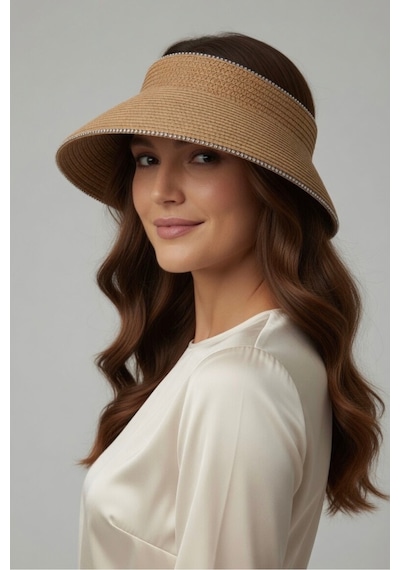 Mollycrush Taşlı Camel Hasır Plaj Kadın Şapkası Tesettür Uyumlu Ayarlanabilir Güneş Koruyucu Vizör Camel