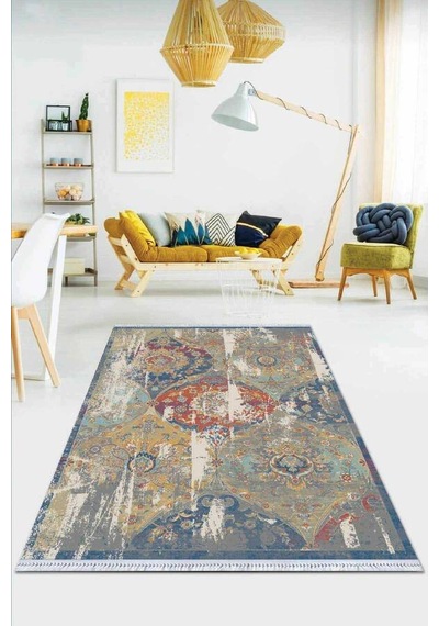 Çok Renkli Modern Dokuma Pamuk Taban Kaymaz Kilim Klm064n11 Çok Renkli - Mavi