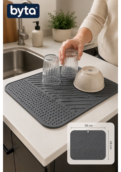 Silikon Mutfak Kurutma Matı 38x28 Cm Tezgah Üstü Bulaşık Kurutma Ve Damlalık Matı Siyah