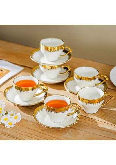 Valkyrie 6 Kişilik Gold Detaylı Porselen Türk Kahvesi Fincan Takımı Standlı 90 Ml 12 Parça