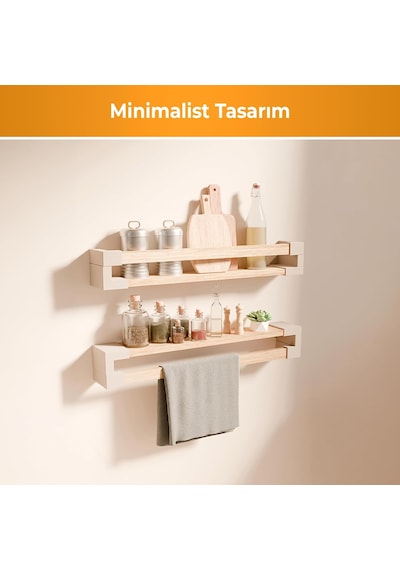 Masif Ahşap Duvar Rafı Çift Korkuluklu Minimal Raf, Baharat/kitap/bitki Düzenleyici, Kolay Mo Diğer