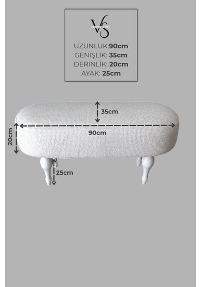 Dikdörtgen Puf Craft Bukle Şönil Kumaş Beyaz Ahşap Ayaklı Modern Tasarım Krem
