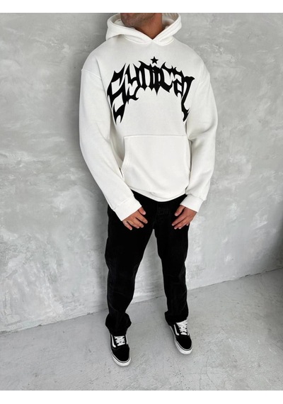 Valensdesign Unisex Üç İplik Kapşonlu Baskılı Sweatshirt - Beyaz