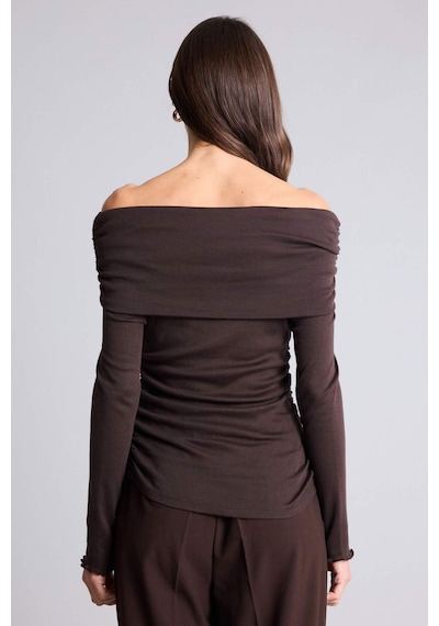 Defacto Slim Fit Omzu Açık Ribana Tişört Kahve