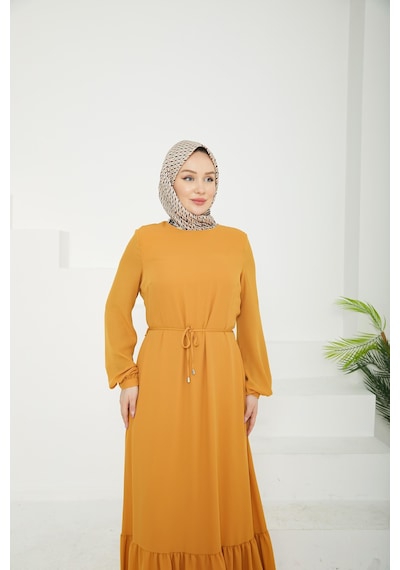 Armine Trend Etek Ucu Tül Desenli Fermuarlı Elbise-hardal-25yt924 Hardal