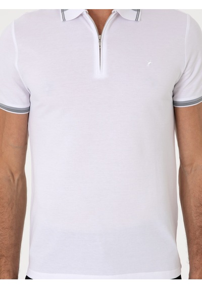 Beyaz Slim Fit %100 Pamuk Fermuarlı Polo Yaka T-shirt