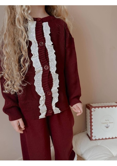 Miniko Kids Kız Çocuk Hırkalı Güpürlü Düğmeli Triko Takım Bordo