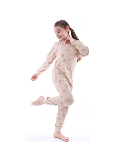 Uzun Kollu %100 Pamuk Kız Çocuk Pijama Takımı Bisiklet Yaka Manşetli 3-8 Yaş Pudra