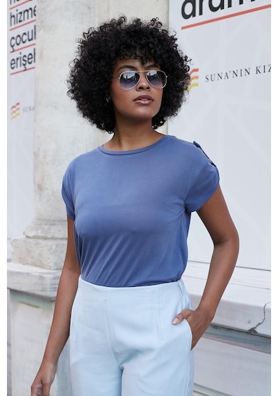 Jument Kadın Modal Penye Geniş Sıfır Yaka Düşük Omuzlu Apoletli Kısa Kol T-shirt Bluz-indigo İndigo