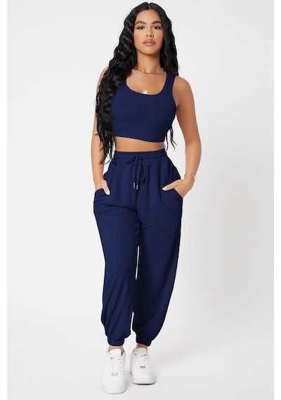 Moda Dua Kadın Lacivert Kaşkorse Cepli Jogger Eşofman Altı Ve Crop Top Bluz