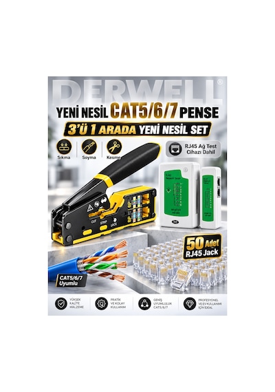 3in1 Profesyonel Ağ Kurulum Seti Yeni Nesil Cat5 Cat6 Cat7 Network Ethernet Kablo Pensesi Kesme Soyma Sıkma Kilitleme Fonksiyonlu - Dijital Kablo Test Cihazı Master Remote - 50li Rj45 Jack