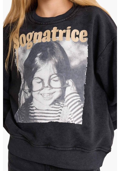 Defacto Kız Çocuk Oversize Geniş Kalıp Bisiklet Yaka Baskılı Sweatshirt G3270a825wnar104 Antrasit-ar104