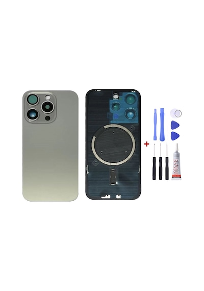 Apple Uyumlu iPhone 15 Pro Titanyum Gri Full Nfc Ve Demirli Arka Cam Kapak Pil Kapağı Tamir Set B7000 Set Gri