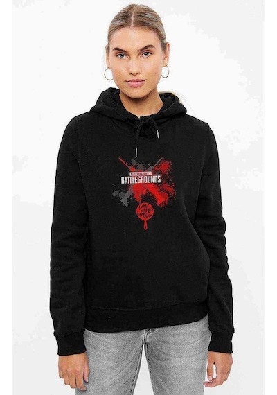 Pubg Kırmızı Tava Baskılı Siyah Kadın Kapşonlu Sweashirt