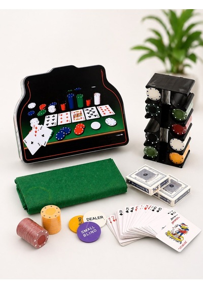 Profesyonel Texas Poker Seti 200 Chip - 2 Deste İskambil Kart - Keçe Masa Örtüsü - Metal Kutu