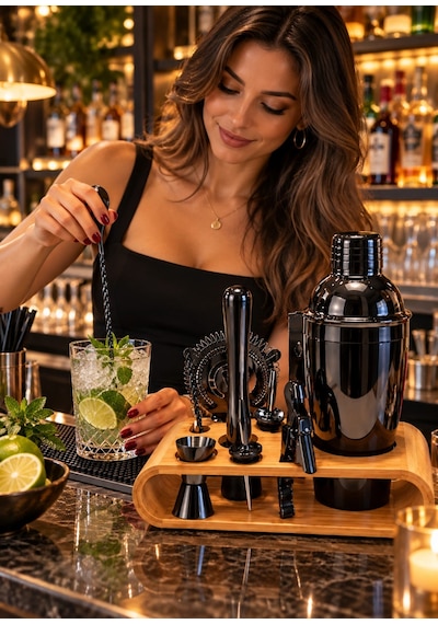 10 Parça Bambu Standlı Kokteyl Shaker Seti 700 Ml