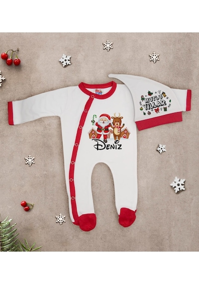 Bk Kids Bk Gift Kişiye Özel Yılbaşı Temalı Tulum Zıbın Ve Kukuletalı Şapka Seti-5 Çok Renkli