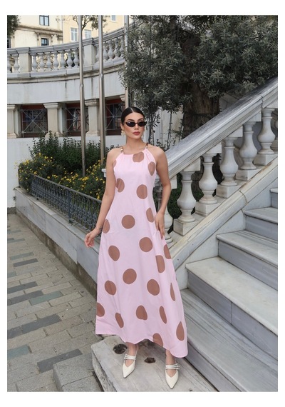 Kechi Woman Poplin Kumaş Büyük Puantiye Desenli Uzun Elbise Pembe