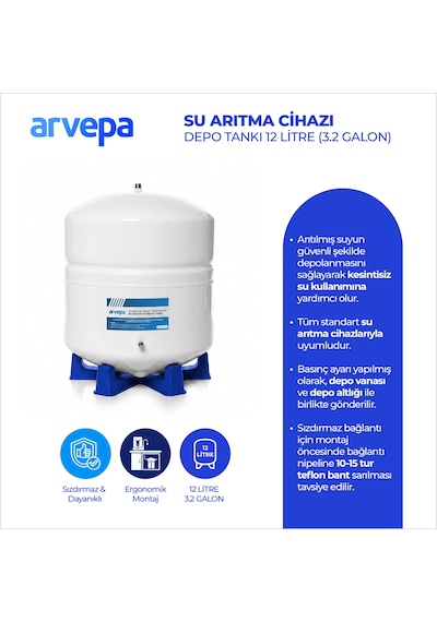 Arvepa Su Arıtma Cihazı 12 Litre (3.2 Galon) Çelik Depo Tankı - Uzun Ömürlü (Vana ve Altlık Dahil)