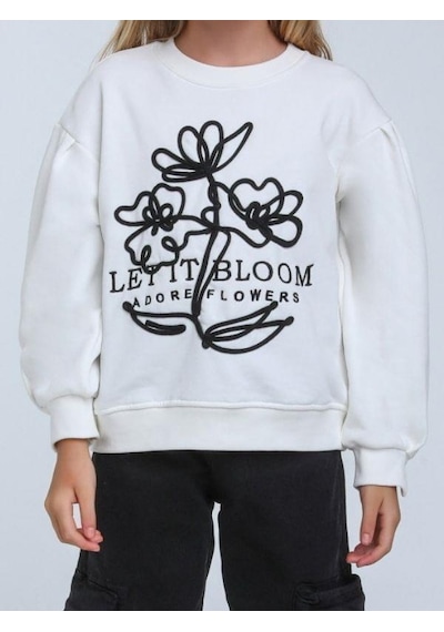 Kız Çocuk Çiçek Nakışlı Sweatshirt-14248 Beyaz