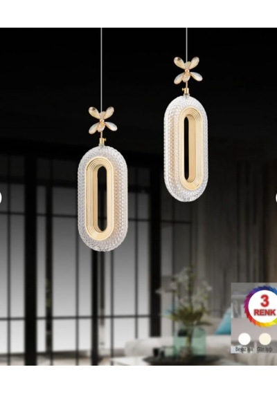 2 Li Defne 3 Renk Modlu Kristal Taşlı Ledli Sarkıt Avize Sarı