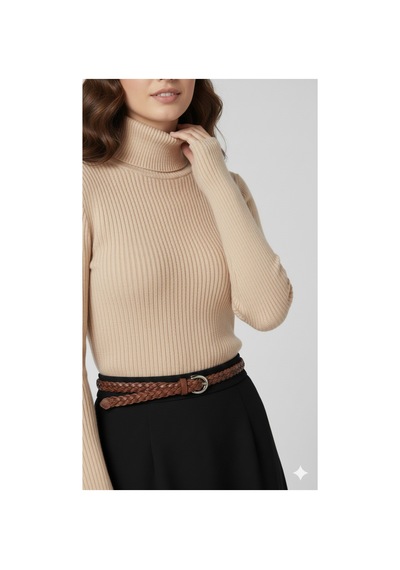 Sonbaharmoda Kadın Boğazlı Likralı Triko Badi Parmak Geçmeli Kol, Tek Beden,100% Akrilik Bej