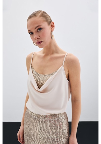 Sateen Degaje Yaka Bluz - Bej-135512 Bej