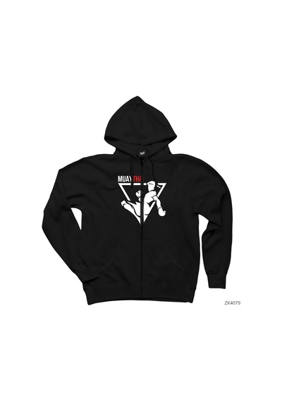 Muaythai Siyah Fermuarlı Kapşonlu Sweatshirt