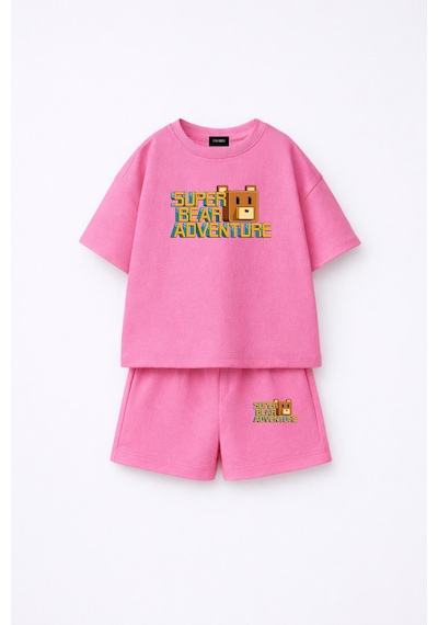 Fasardi Super Bear Adventure Süper Ayı Baskılı Oversize %100 Pamuk Tişört Şort 2li Çocuk Takım Açık Pembe
