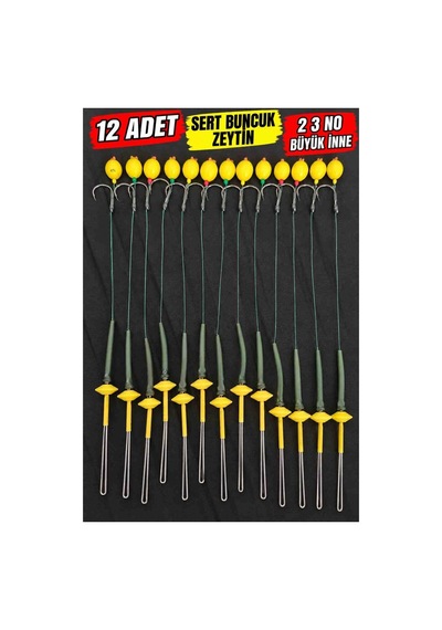 12 Sert Buncuk Sarı Zeytin Rig Ve Boli Yüzen Model 12 Takım Inneler 2 3 No Sazan Innesi Kambur