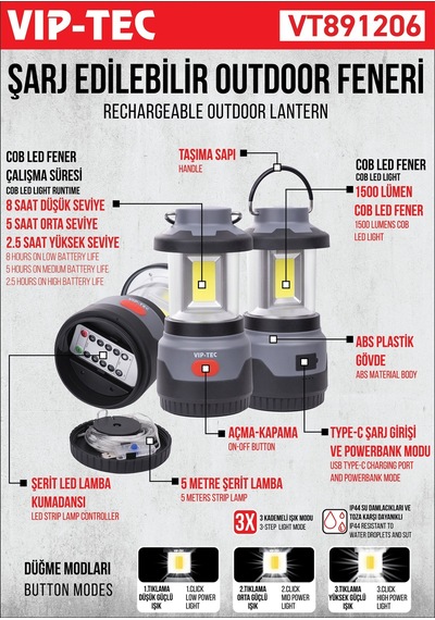 Vıptec Kumandalı Şarjlı Outdoor Kamp Feneri Vt891206 Siyah