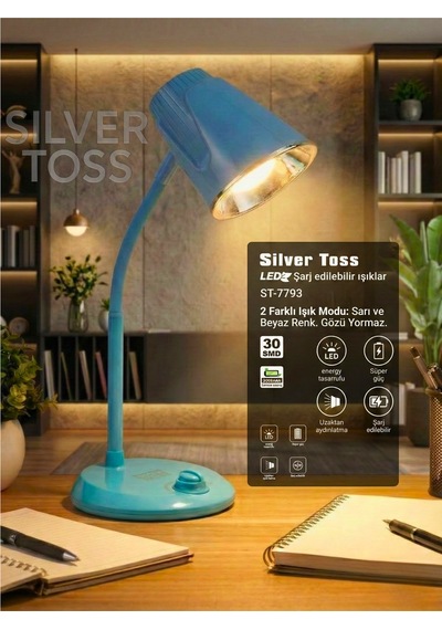 St-7793 Şarjlı Led Masa Lambası - 3000mah Bataryalı, 3 Renk Modlu Ve Dimmerli Esnek Çalışma Işığı Mavi