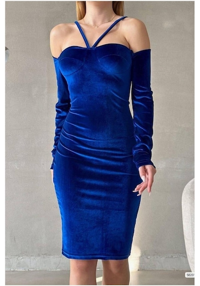 DefyModa Kadın İnce Kalp Yaka Balık Kesim Uzun Kollu Abiye Elbise Saks