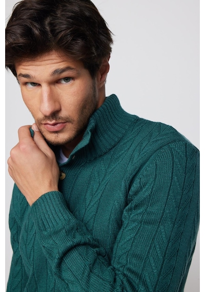 Tudors Erkek Slim Fit Dar Kesim Yumuşak Dokulu Desenli Dik Yaka Düğmeli Triko Yeşil Kazak-29889 Yeşil
