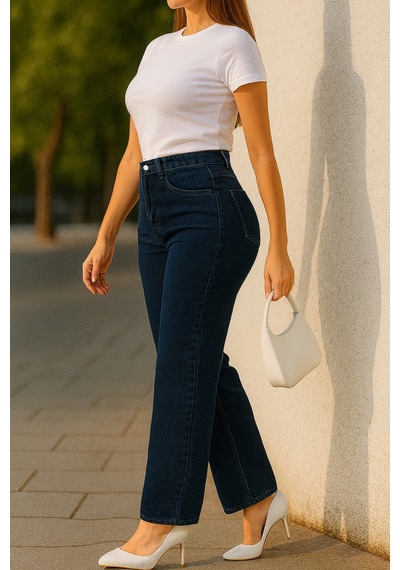 Cedy Denim Cedy Denım - Kadın Büyük Benden Boru Paça Yüksek Bel Regular Fit Likralı Pantolon C626 Lacivert