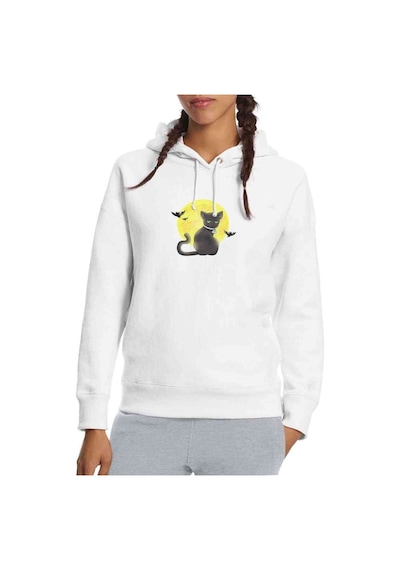 Cat On The Moon Baskılı Beyaz Kadın Kapşonlu Sweatshirt