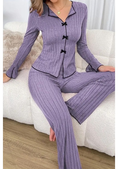 Bella Notte Pamuklu Mor Fiyonk Detaylı Mevsimlik Pijama Takımı