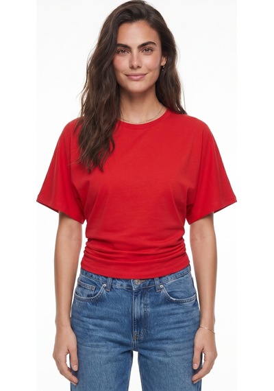 Onloox Kadın Kırmızı Kırmızı Pamuklu Bisiklet Yaka Yarasa Kol Rahat Kalıp Yanı Büzgülü Gizli Fermuarlı T-shirt