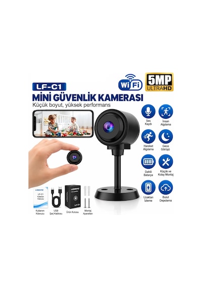 Wifi Mini Güvenlik Kamera Uzaktan İzleme - Ses - Hafıza Kart Kayıt Şarjlı Gri - 922782459