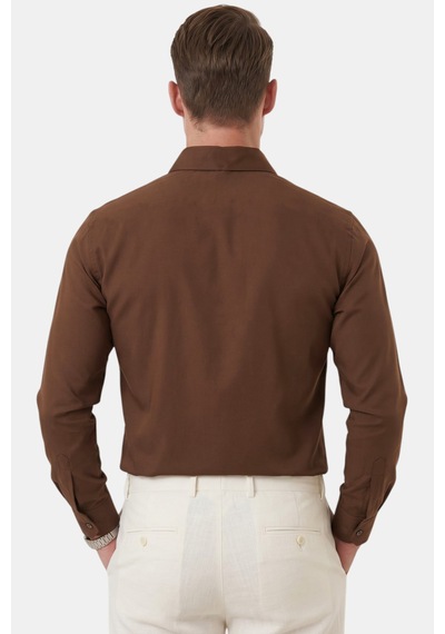Rizzup Kahve Slim Fit Kolay Ütülenebilir Açık Dik Yaka Likralı Erkek Gömlek 2602615
