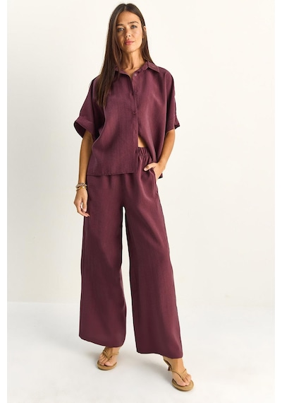 Shade Kadın Oversize Kısa Kol Gömlek Beli Lastikli Geniş Paça Pantolon Takım 7651 60286138 - Mürdüm Shade Kadın Oversize Kısa Kol Gömlek Beli Lastikli Geniş Paça Pantolon Takım 7651 60286138 - Mürdüm
