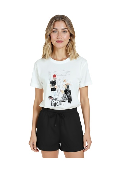 Kadın Beyaz Relaxed Fit %100 Pamuk Tişört Çizgisel Kuaför Sahne Beyaz