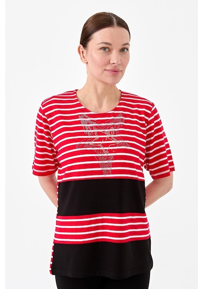 Kadın Sıfır Yaka Çizgi Önü Taşlı Penye T-shirt Kırmızı Kirmizi