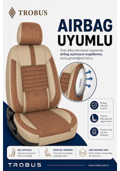 Renault Megane E-tech 2022+ Uyumlu Apex Serisi Tay Tüyü Bel Destekli Bej Kahve Koltuk Kılıfı