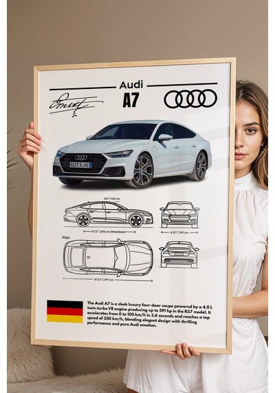 Audi A7 Tablo - Teknik Özellikli Alman Sportback Poster - Çerçeveli Duvar Dekoru - Araba Blueprint Kayın