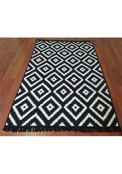 Siyah Beyaz Kilim - Piramit Kare Desen Otantik Model Yıkanabilir