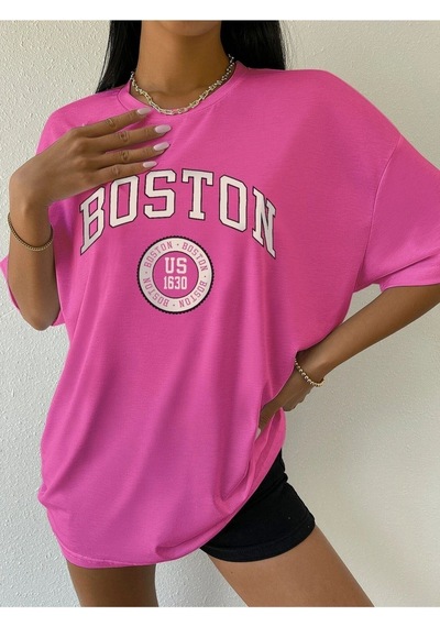 Flood Of Style Kadın Pembe Boston Baskılı Oversize Bisiklet Yaka Tshirt