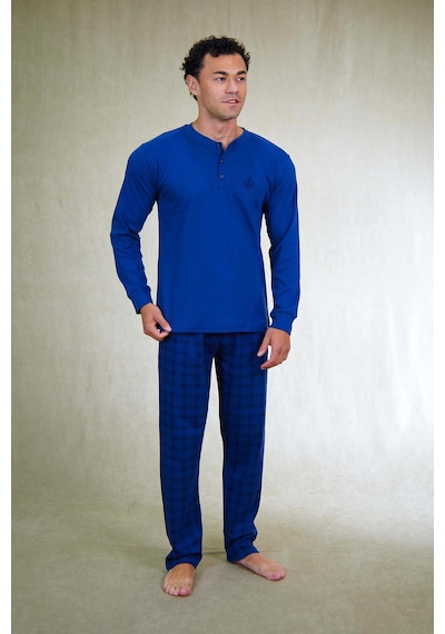 Estiva Erkek Kareli İndigo Patlı İnterlok Pijama Takımı Çok Renkli