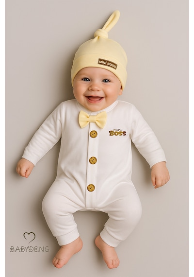 Babyden's Mini Boss Erkek Bebek Papyonlu Şapkalı Tulum Seti %100 Pamuk Hastane Çıkışı Sarı