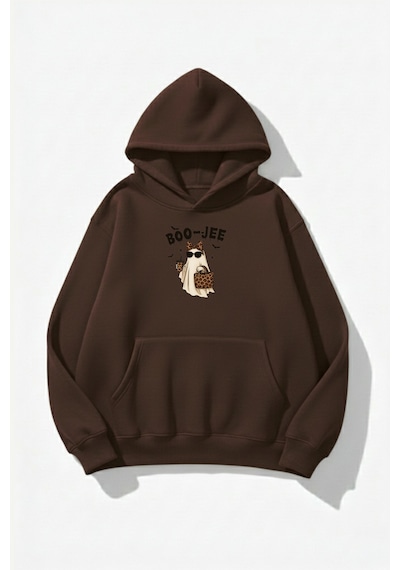Uyguntarz Unisex Yumuşak Dokulu Boo-jee Ghost Baskılı Tasarım Oversize 3 İplik Hoodie Sweatshirt Kahverengi